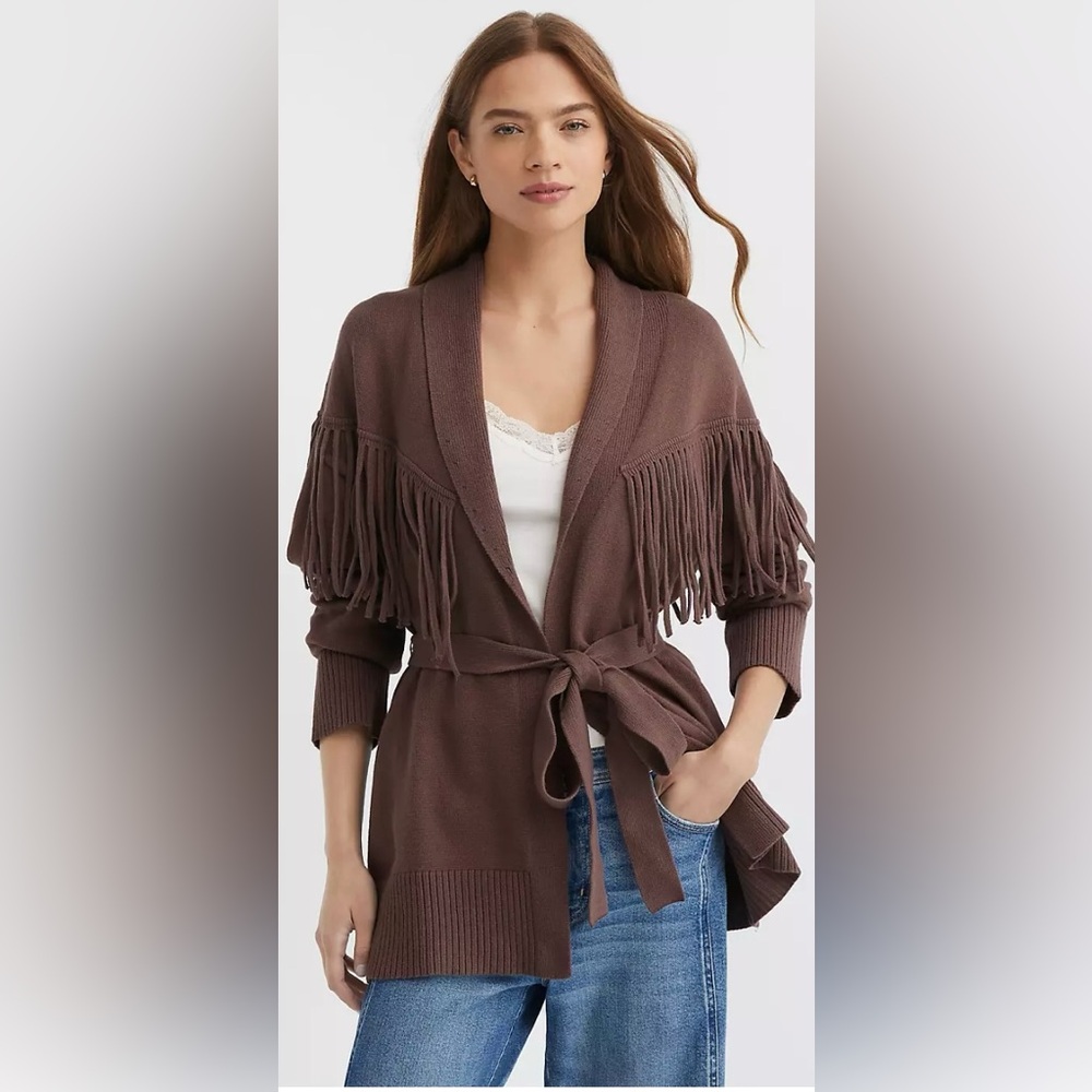 LOFT Chocolate Brown Belted Fringe Cardigan Size XS